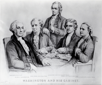 George Washington and his cabinet members sitting at a table.