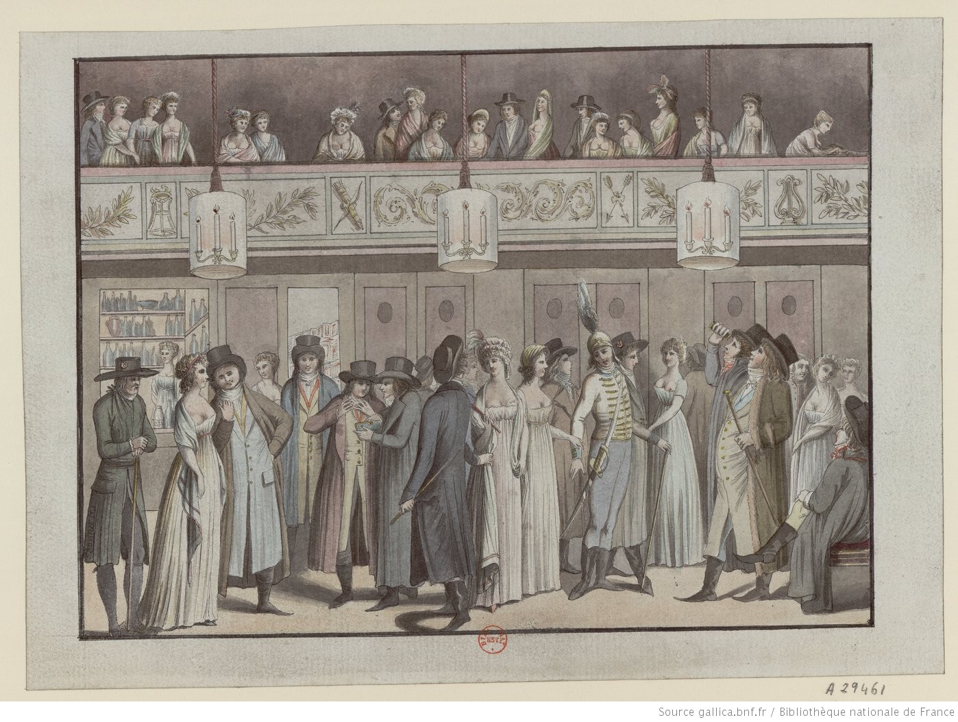 Engraving of a a crowd at the theater. 