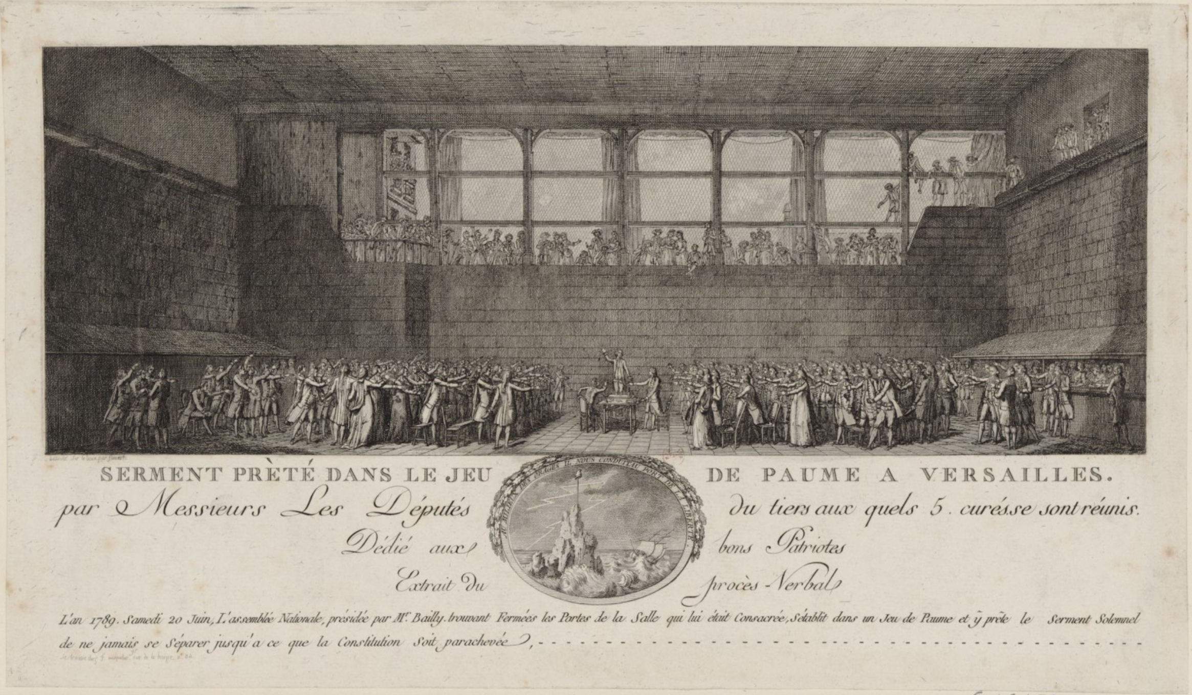Engraving of the Tennis Court Oath. One person stands on a chair to administer the oath, while the crowd listens.