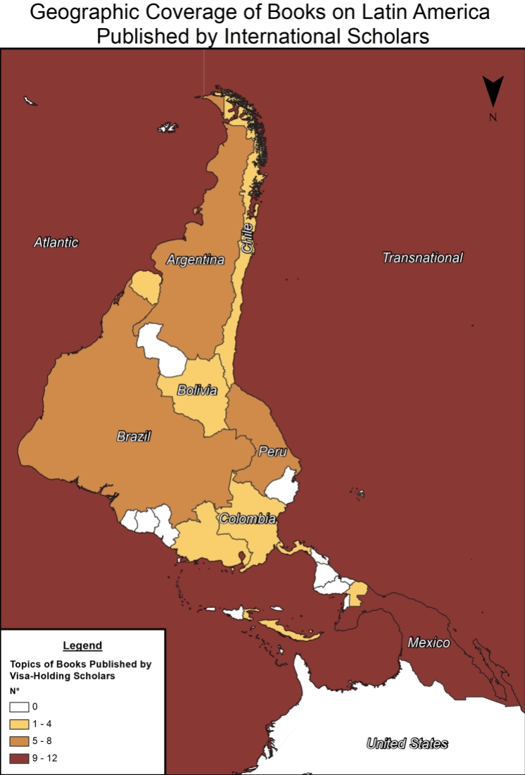 Map showing the geographic coverage of books on Latin America published by international scholars.